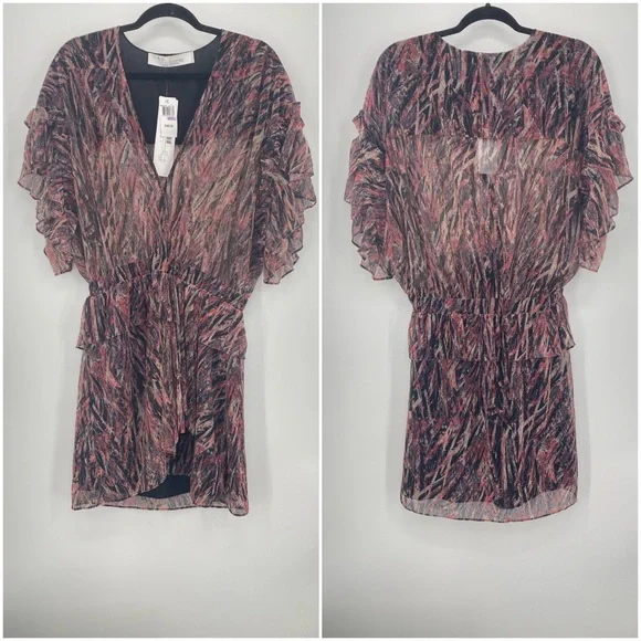 IRO NWT Buoux Metallic Print Ruffle V Neck Mini A Line Dress Black Fushia 38 New - Picture 2 of 11